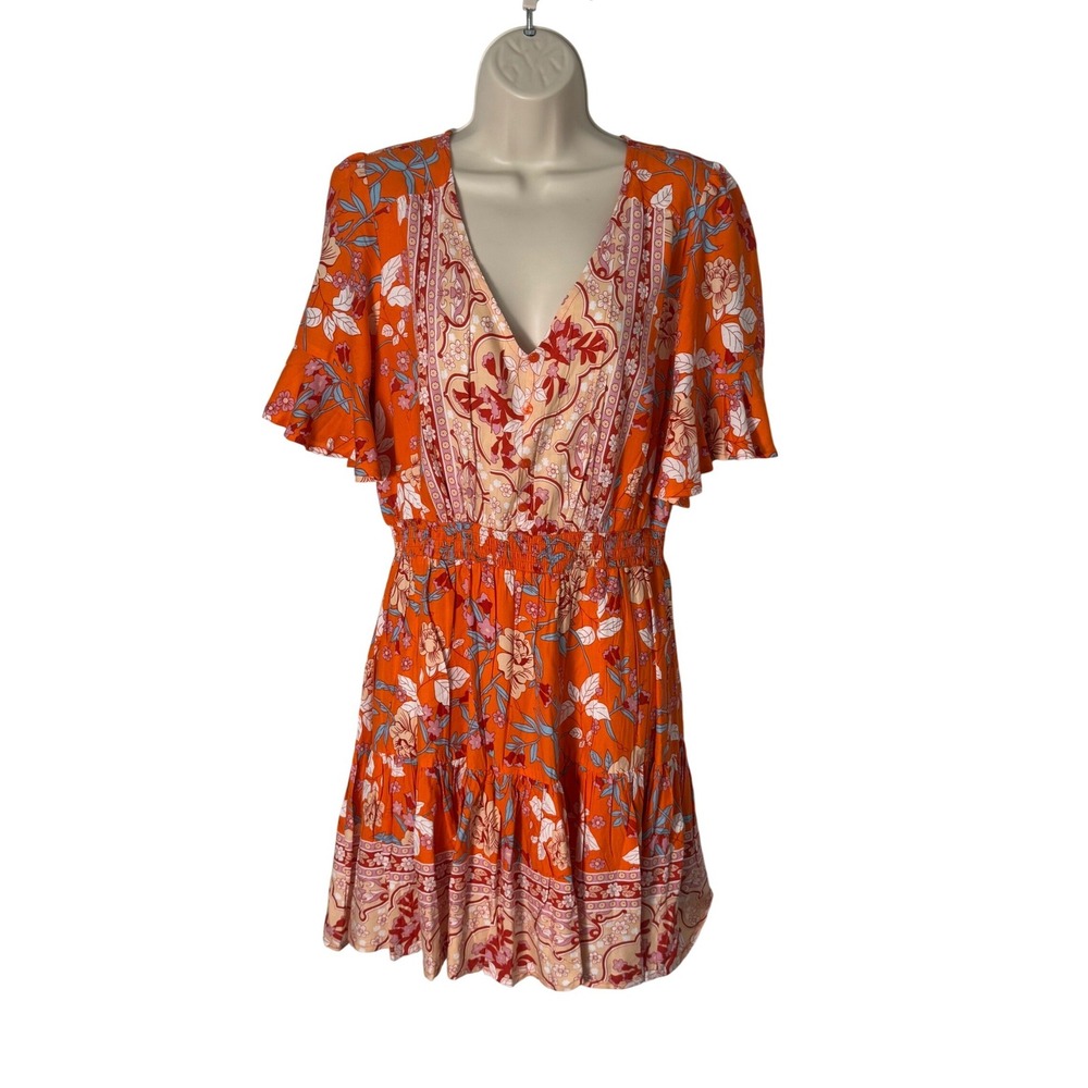 Lascana Orange Floral Boho Tiered V Neck Short Flutter Sleeve Mini Dress‎ 10 NWT - Picture 3 of 12